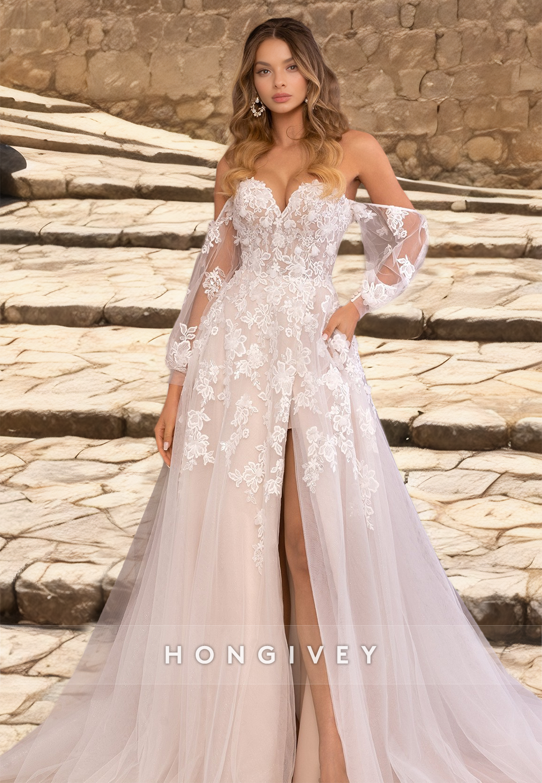 HONGIVEY Sweetheart Lace Applique Wedding Dress with Train Side Slit Tulle Bride Gown