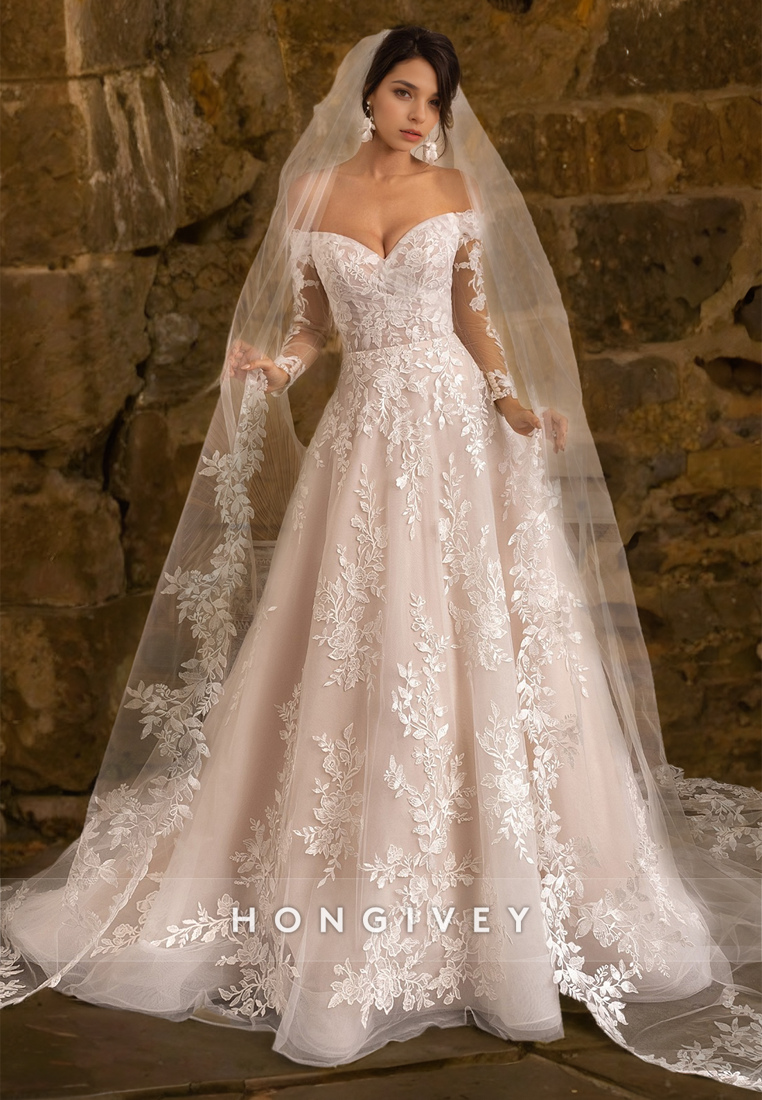 HONGIVEY Lace Applique Wedding Dress with Train 2024 New Gorgeous Bride Gown