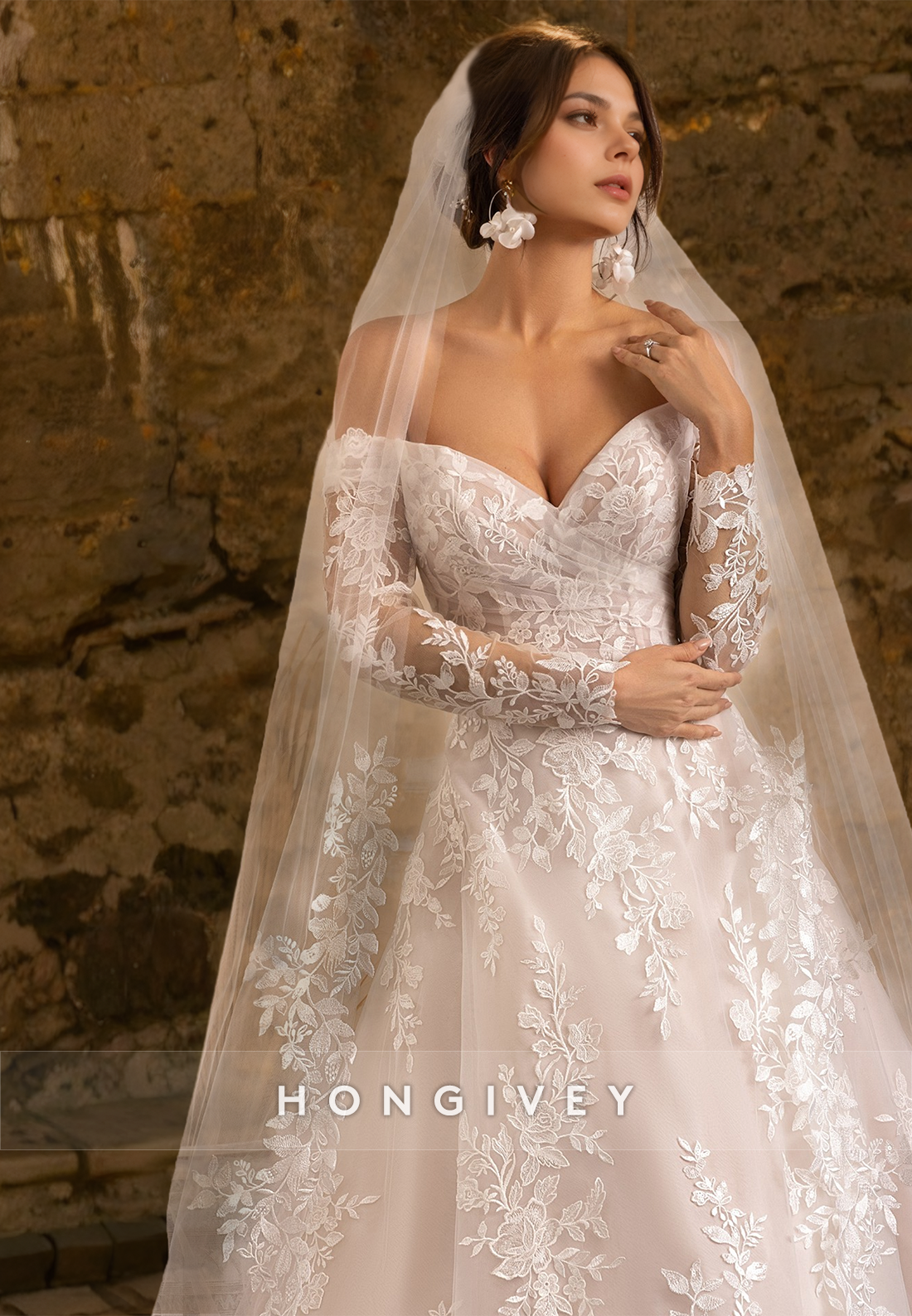 HONGIVEY Lace Applique Wedding Dress with Train 2024 New Gorgeous Bride Gown