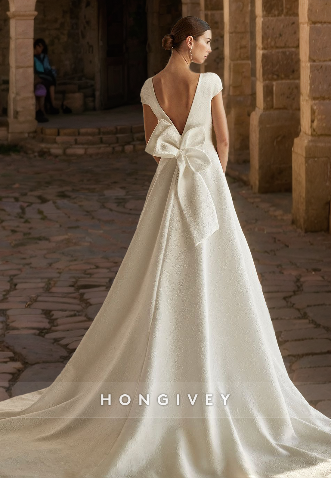 HONGIVEY Short Sleeves Satin Wedding Dress with Train Bow A-Line Bride Gown