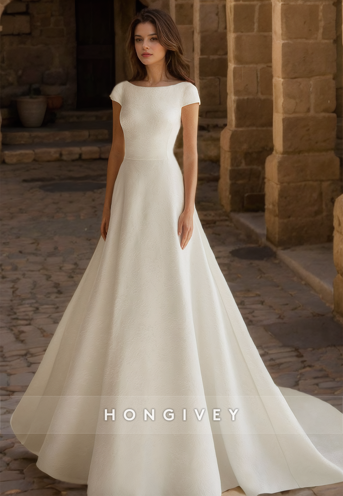 HONGIVEY Short Sleeves Satin Wedding Dress with Train Bow A-Line Bride Gown