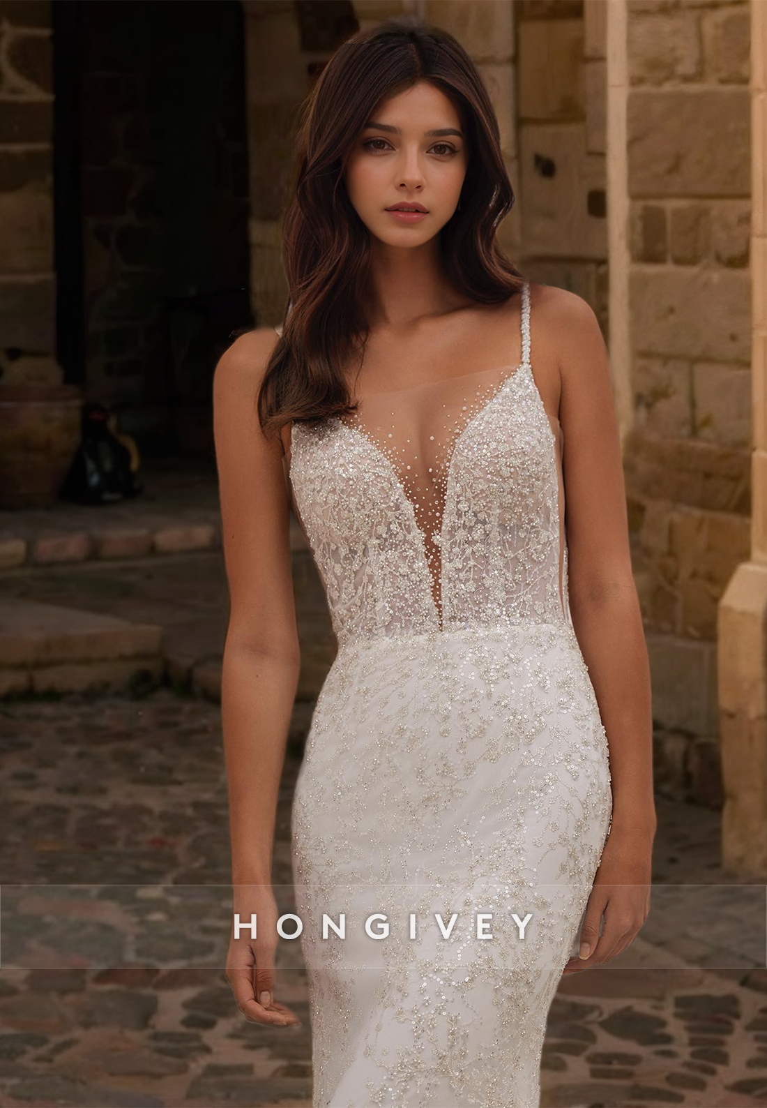 HONGIVEY Gorgeous Straps Mermaid Wedding Dress Applique Floor-Length Bridal Dresses