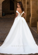 HONGIVEY Off-Shoulder Wedding Dress with Train Elegant New Satin Mermaid Bride Gown