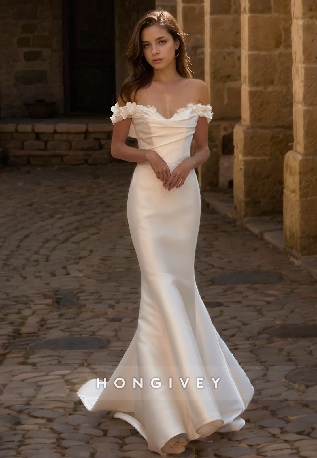 HONGIVEY Off-Shoulder Wedding Dress with Train Elegant New Satin Mermaid Bride Gown