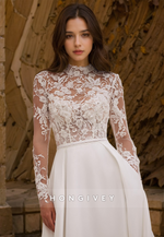 HONGIVEY Beaded Applique Wedding Dress High Neck Long Sleeves A-Line Beach Bride Gown