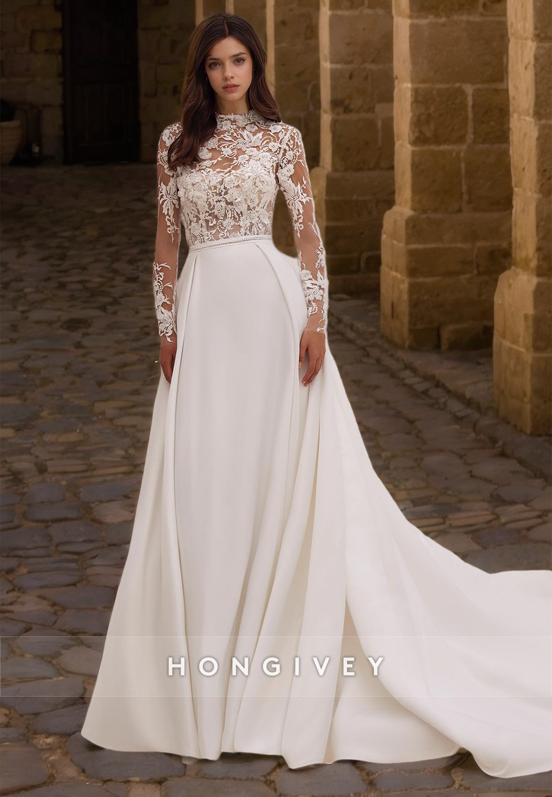 HONGIVEY Beaded Applique Wedding Dress High Neck Long Sleeves A-Line Beach Bride Gown