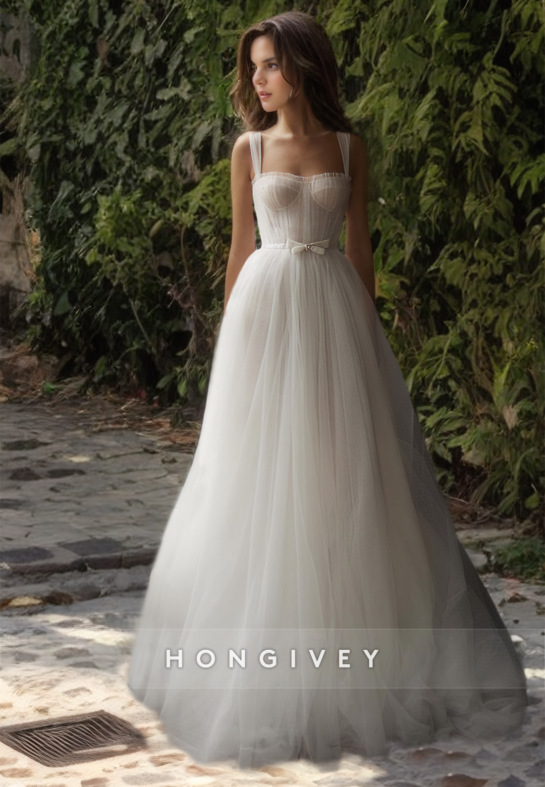 HONGIVEY Straps A-Line Wedding Dress with Bow Organza Bridal Dresses