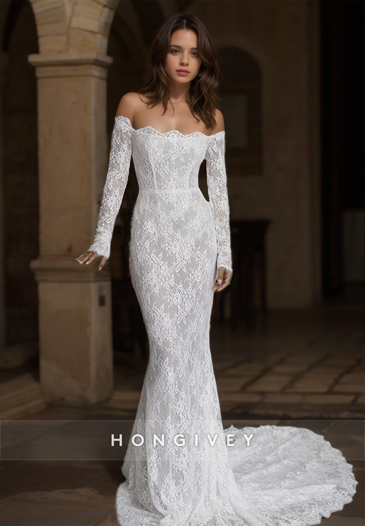 HONGIVEY Full Lace Applique Mermaid Wedding Dress with Train Long Sleeves Bride Gown