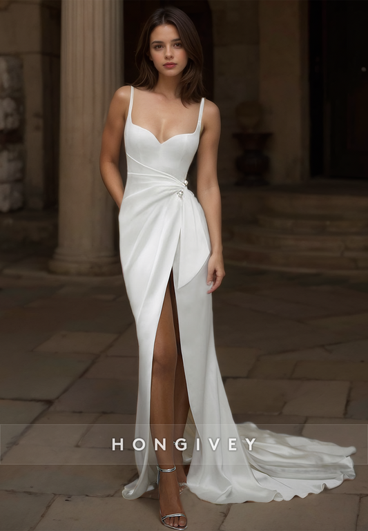 HONGIVEY Straps Backless Satin Mermaid Wedding Dress with Side Slit Simple Bride Gown