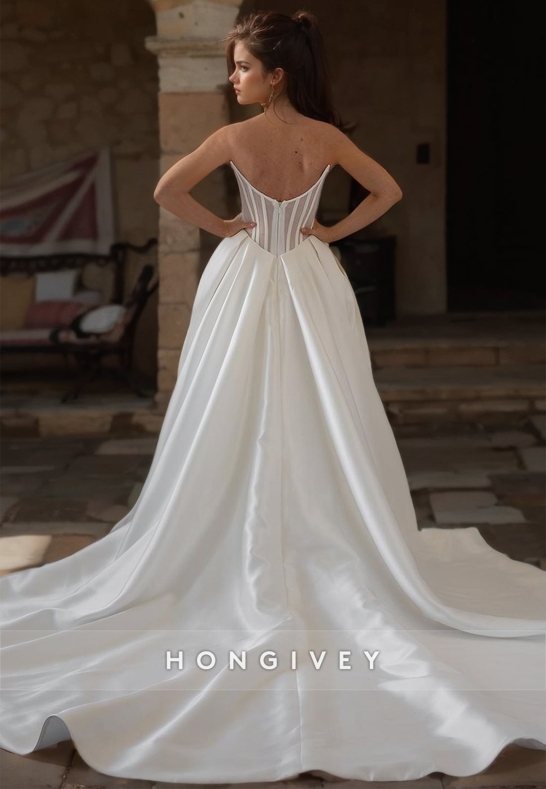 HONGIVEY Sweetheart A-Line Satin Wedding Dress with Train Long Strapless Bride Gown