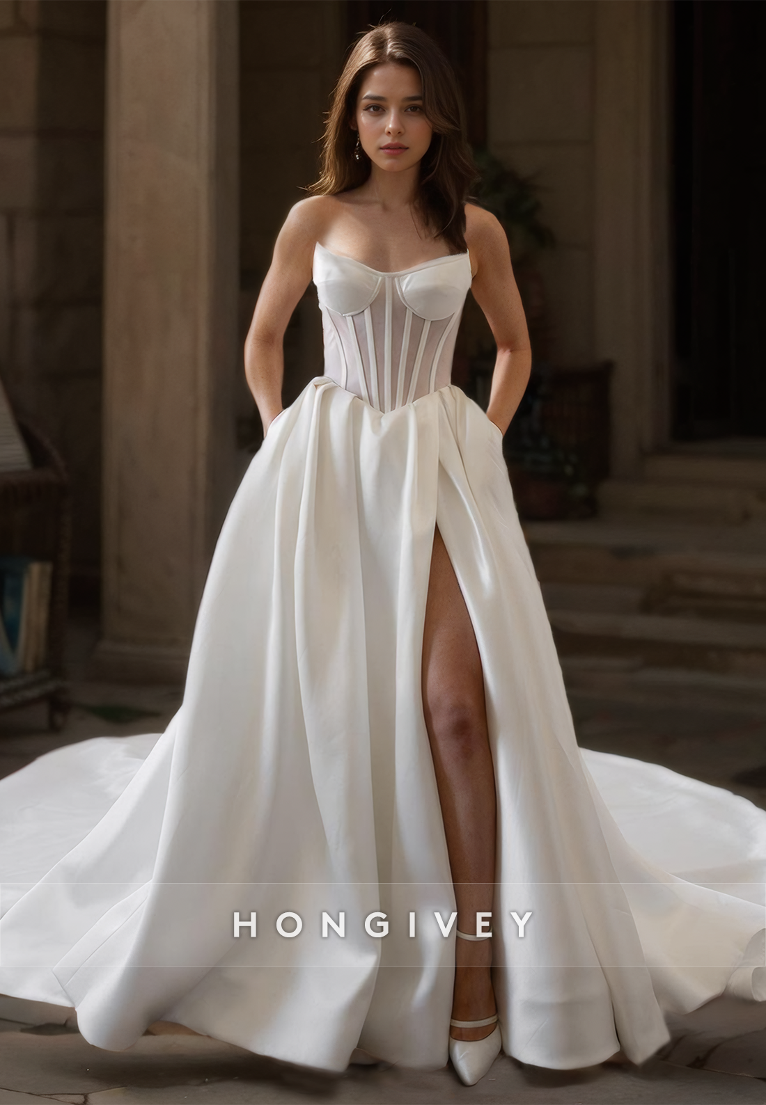 HONGIVEY Sweetheart A-Line Satin Wedding Dress with Train Long Strapless Bride Gown