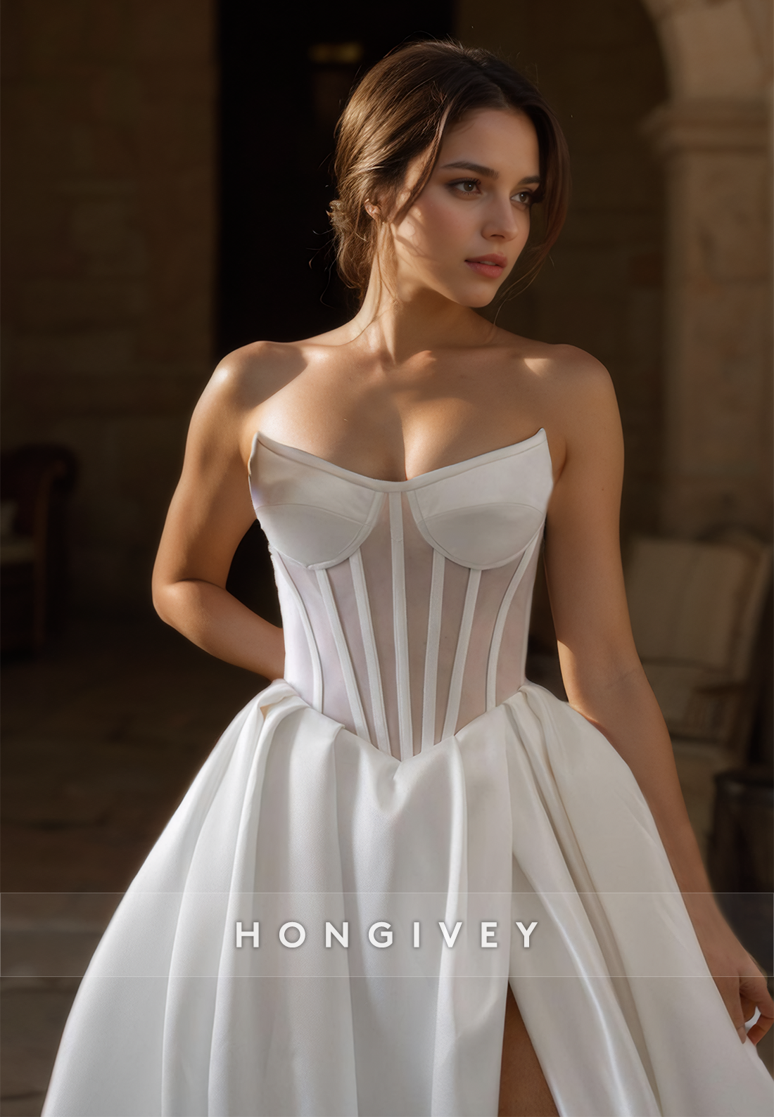 HONGIVEY Sweetheart A-Line Satin Wedding Dress with Train Long Strapless Bride Gown