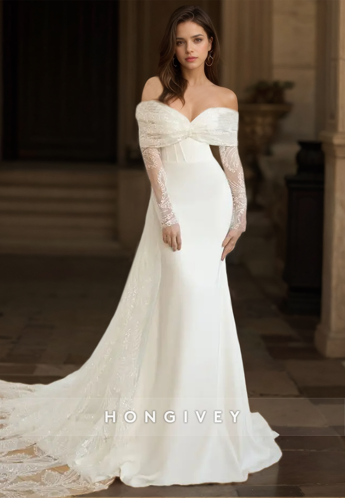 HONGIVEY New Off-Shoulder Mermaid Wedding Dress with Train Lace Applique Bridal Dresses