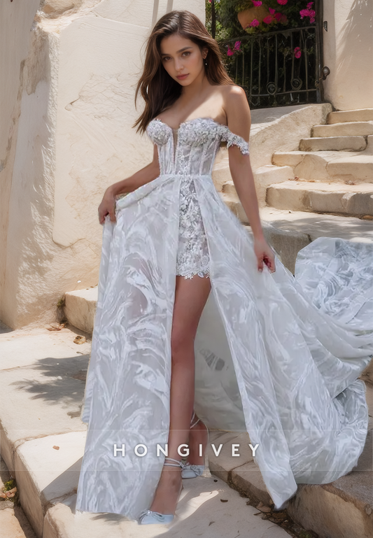 HONGIVEY Lace Applique Wedding Dress with Side Slit A-Line Off-Shoulder Bride Gown