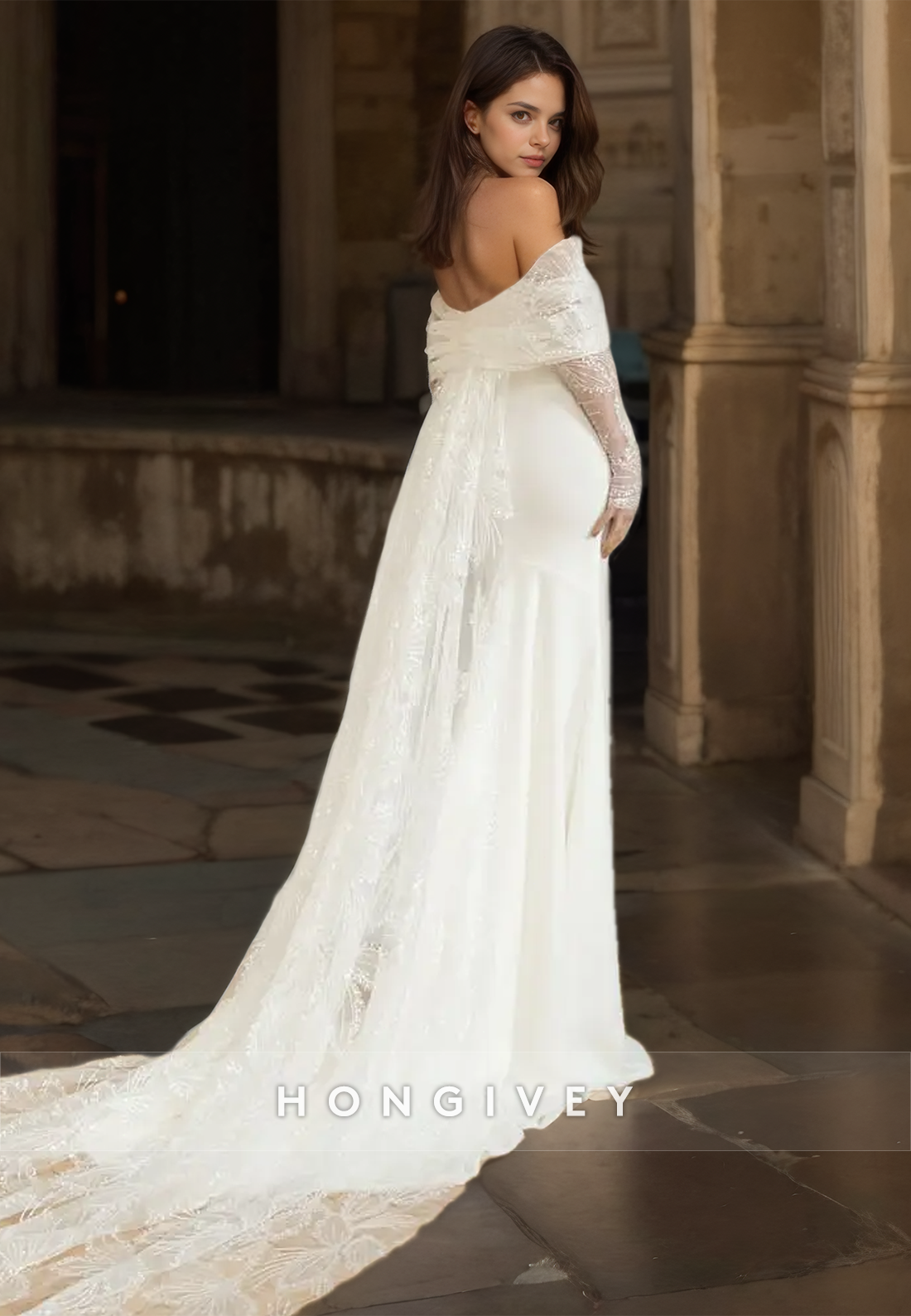 HONGIVEY New Off-Shoulder Mermaid Wedding Dress with Train Lace Applique Bridal Dresses