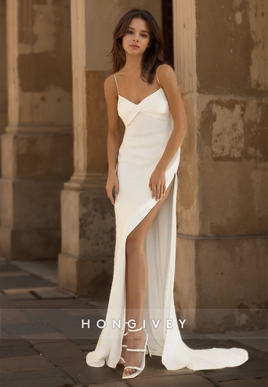 HONGIVEY Straps Wedding Dress with Side Slit Simple Sleeveless Satin Bride Gown