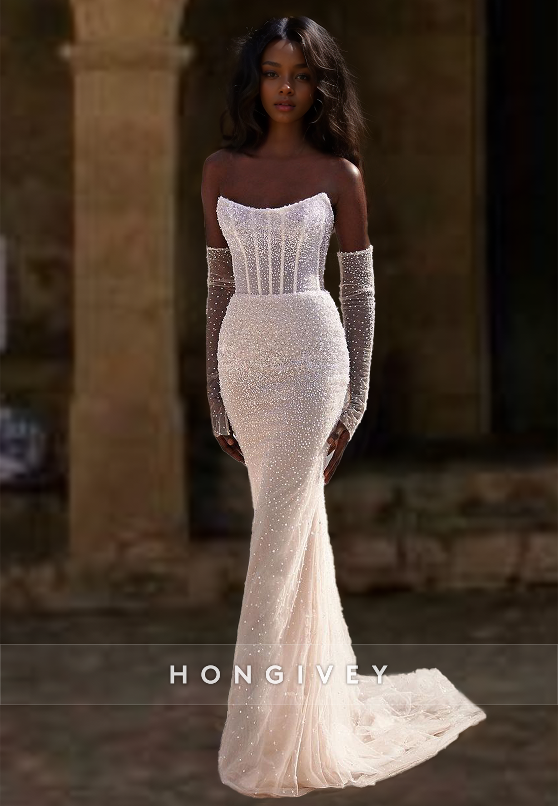 HONGIVEY Glitter Pearls Mermaid Wedding Dress with Gloves Sexy Strapless Bride Gown