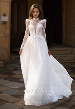 HONGIVEY High Neck Tulle Wedding Dress Long Sleeves Lace Applique Floor-Length Bride Gown