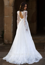 HONGIVEY High Neck Tulle Wedding Dress Long Sleeves Lace Applique Floor-Length Bride Gown