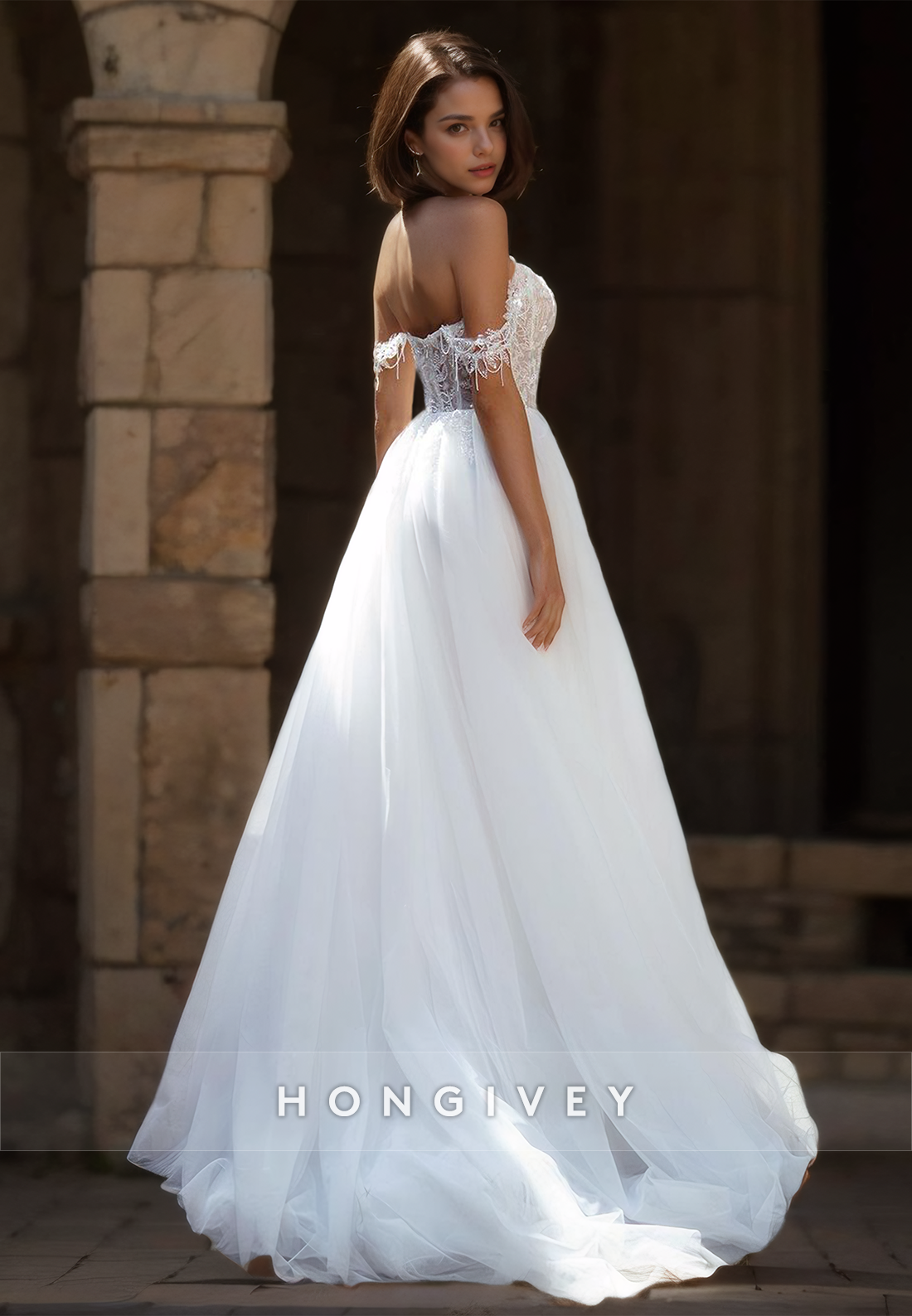 HONGIVEY Stunning Tulle Wedding Dress Side Slit A-Line Off-Shoulder Bride Gown