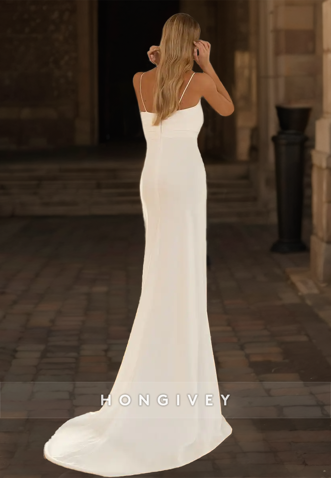 HONGIVEY Straps Wedding Dress with Side Slit Simple Sleeveless Satin Bride Gown