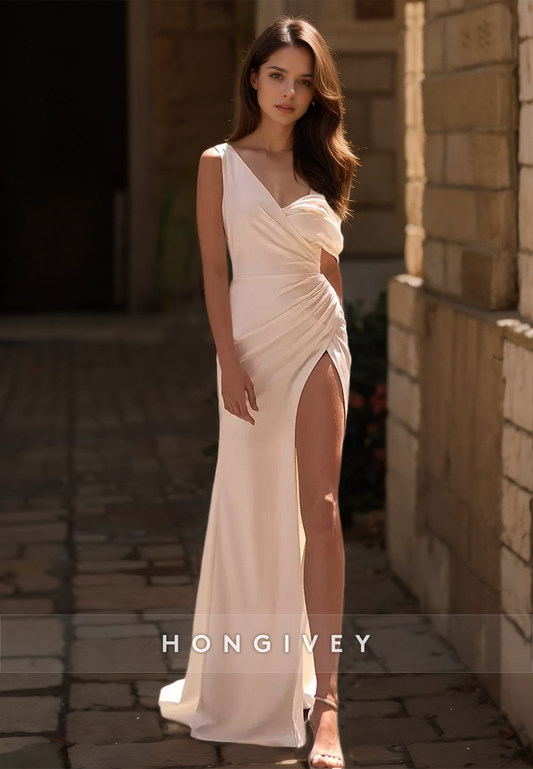 HONGIVEY One Shoulder Beach Wedding Dress with Side Slit Ruched Bridal Dresses with Train