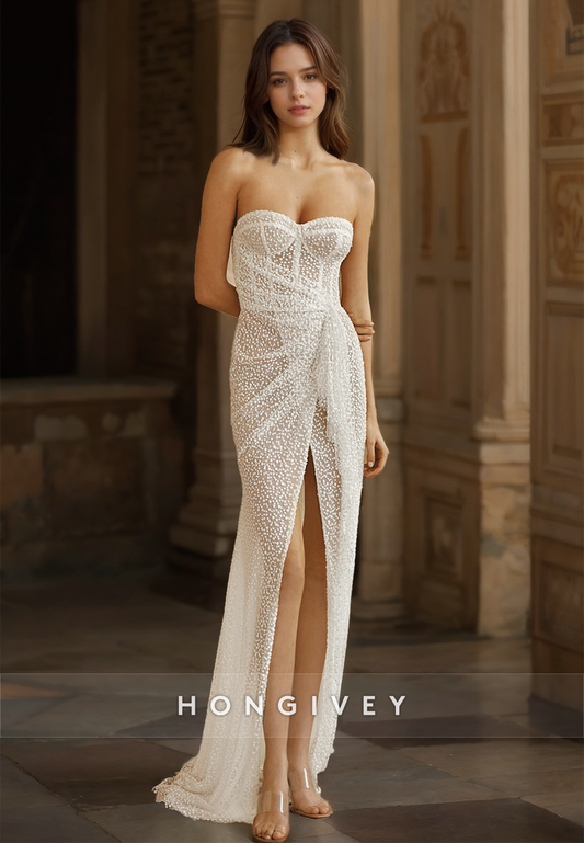 HONGIVEY Sexy Sheer Strapless Wedding Dress with Side Slit Sleeveless Bridal Dresses