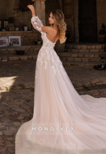 HONGIVEY Sweetheart Lace Applique Wedding Dress with Train Side Slit Tulle Bride Gown