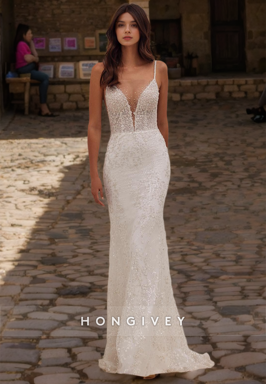 HONGIVEY Gorgeous Straps Mermaid Wedding Dress Applique Floor-Length Bridal Dresses