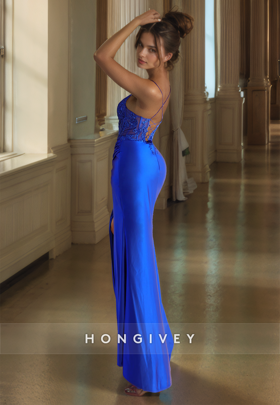 HONGIVEY Straps Mermaid Evening Dress with Side Slit Sleeveless Satin Formal Party Gown