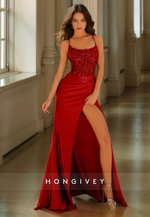 HONGIVEY Straps Mermaid Evening Dress with Side Slit Sleeveless Satin Formal Party Gown