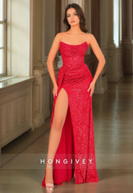 HONGIVEY Sparkle Strapless Trumpet Evening Dress Side Slit Sleeveless Floor-Length Prom Gown