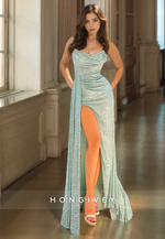 HONGIVEY Sparkle Strapless Trumpet Evening Dress Side Slit Sleeveless Floor-Length Prom Gown