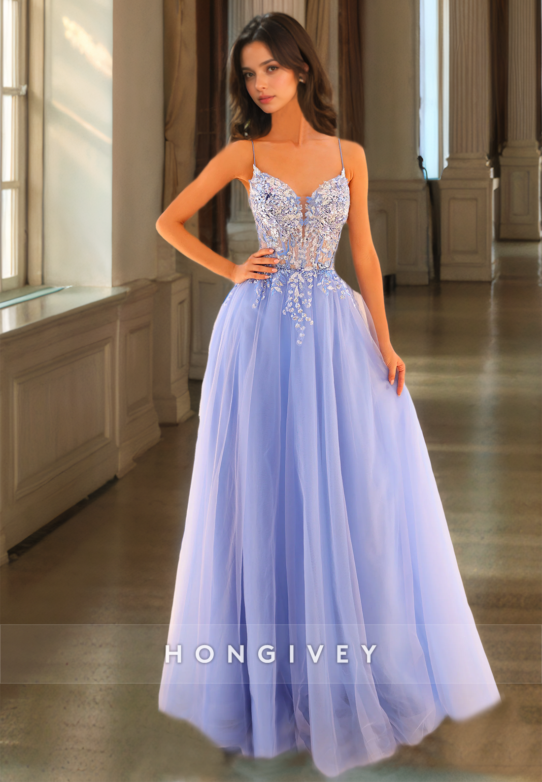 HONGIVEY Sweetheart Tulle Prom dress Straps A-Line Applique Floor-Length Formal Party Gown