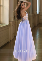 HONGIVEY Sweetheart Tulle Prom dress Straps A-Line Applique Floor-Length Formal Party Gown