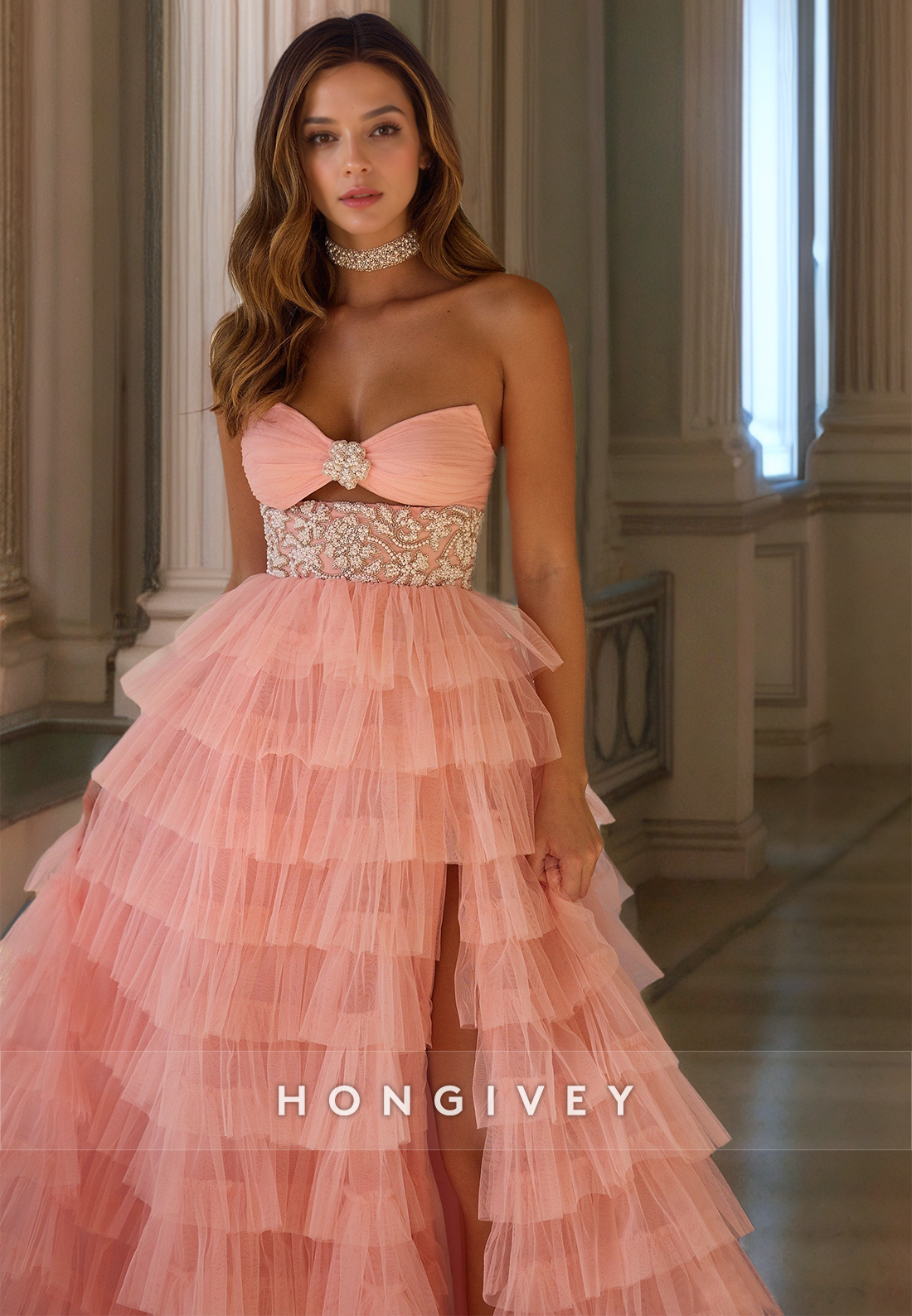 HONGIVEY Tiered Tulle Empire Waist Prom dress Bow Side Slit Sweetheart Ball Gown