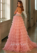 HONGIVEY Tiered Tulle Empire Waist Prom dress Bow Side Slit Sweetheart Ball Gown