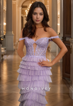 HONGIVEY Sparkle Sweetheart Mermaid Prom dress Lilac Tiered Straps Formal Evening Dress