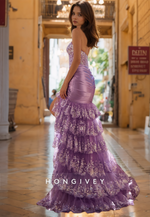 HONGIVEY Sparkle Purple Mermaid Prom dress Side Slit Tiered Strapless Long Formal Evening Dress