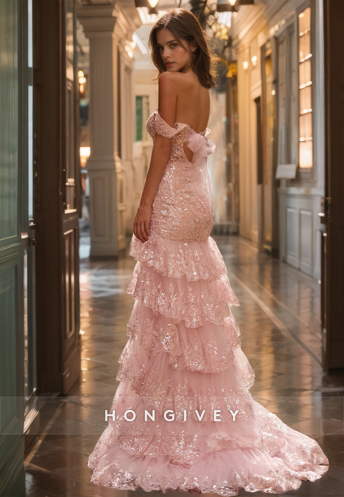 HONGIVEY Pink Tiered Mermaid Evening Dress Off-Shoulder Prom dress Homecoming Party Wear