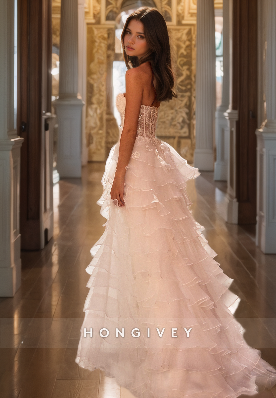 HONGIVEY Stunning Tiered Prom dress Ruffles Side Slit Sweetheart Gorgeous Formal Evening Dress