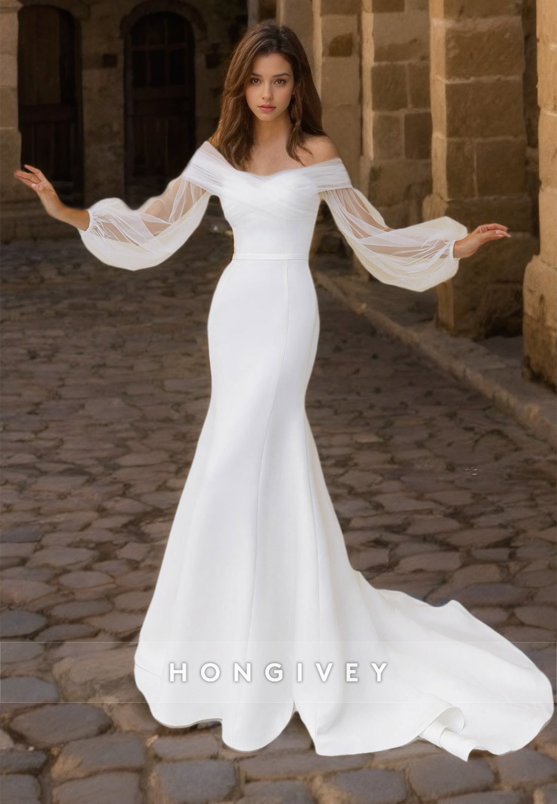 HONGIVEY Long Sleeves Mermaid Wedding Dress with Train Simple Satin Bride Gown