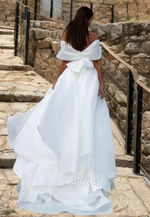 HONGIVEY Elegant Off-Shoulder Wedding Dress with Train Bow A-Line Side Slit Bride Gown