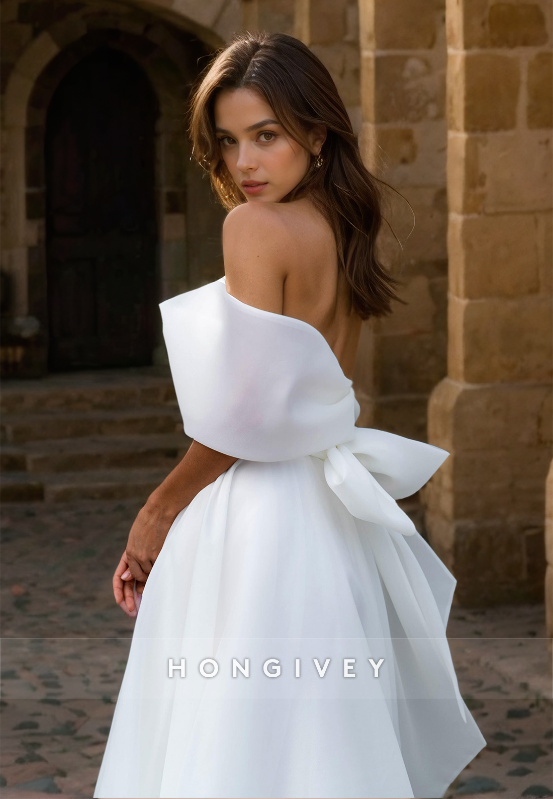 HONGIVEY Elegant Off-Shoulder Wedding Dress with Train Bow A-Line Side Slit Bride Gown