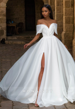 HONGIVEY Elegant Off-Shoulder Wedding Dress with Train Bow A-Line Side Slit Bride Gown