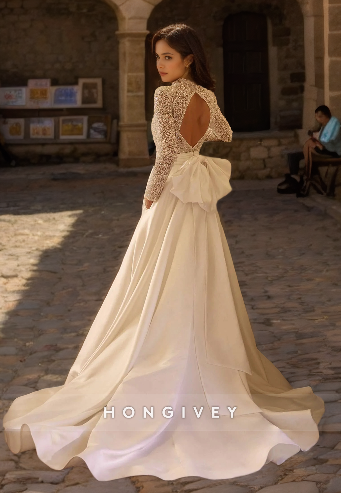 HONGIVEY Glitter High Neck Wedding Dress with Train Long Sleeves A-Line Satin Bride Gown