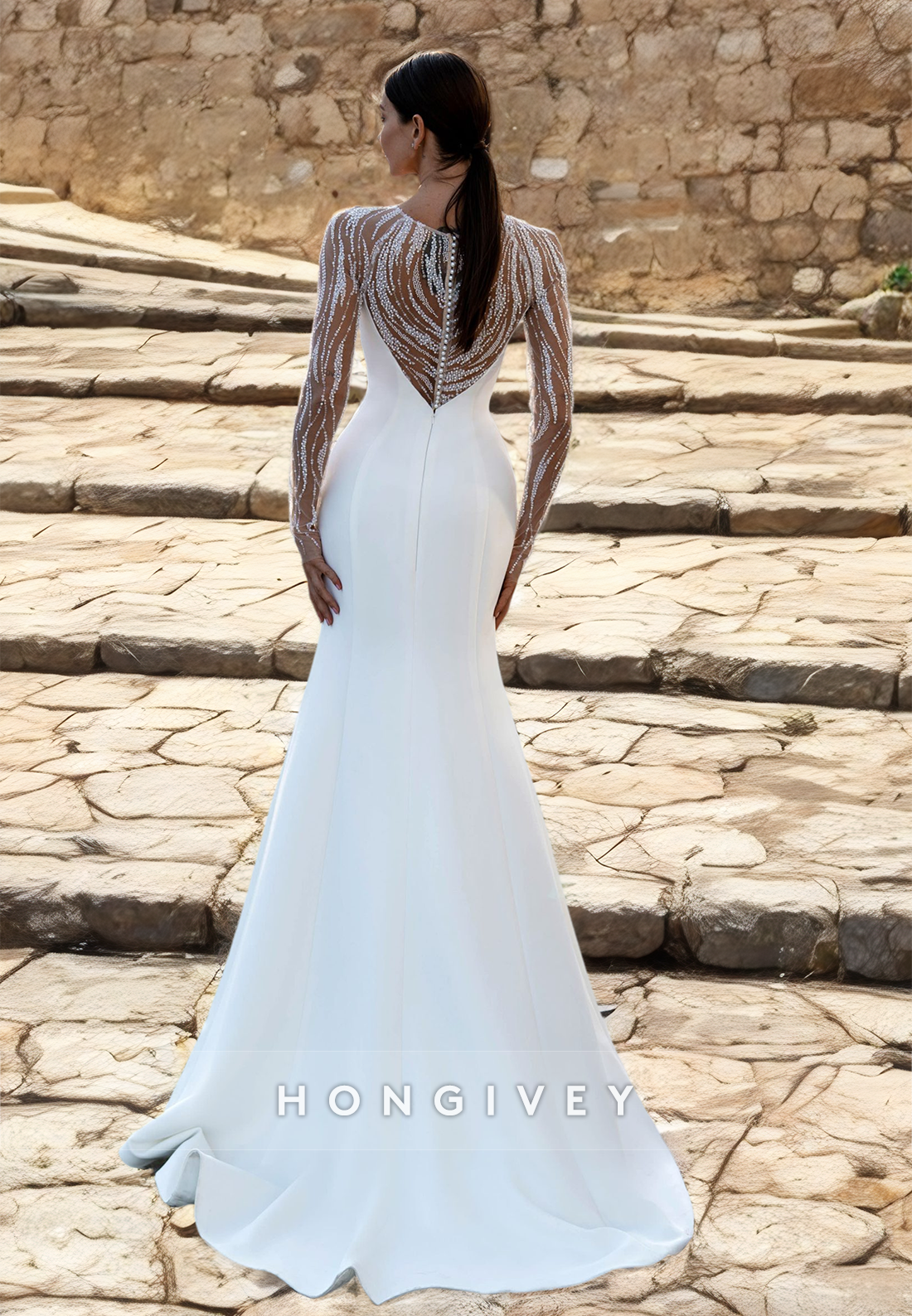 HONGIVEY Bateau Long Sleeves Mermaid Wedding Dress Classic Applique Bride Gown