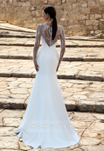 HONGIVEY Bateau Long Sleeves Mermaid Wedding Dress Classic Applique Bride Gown