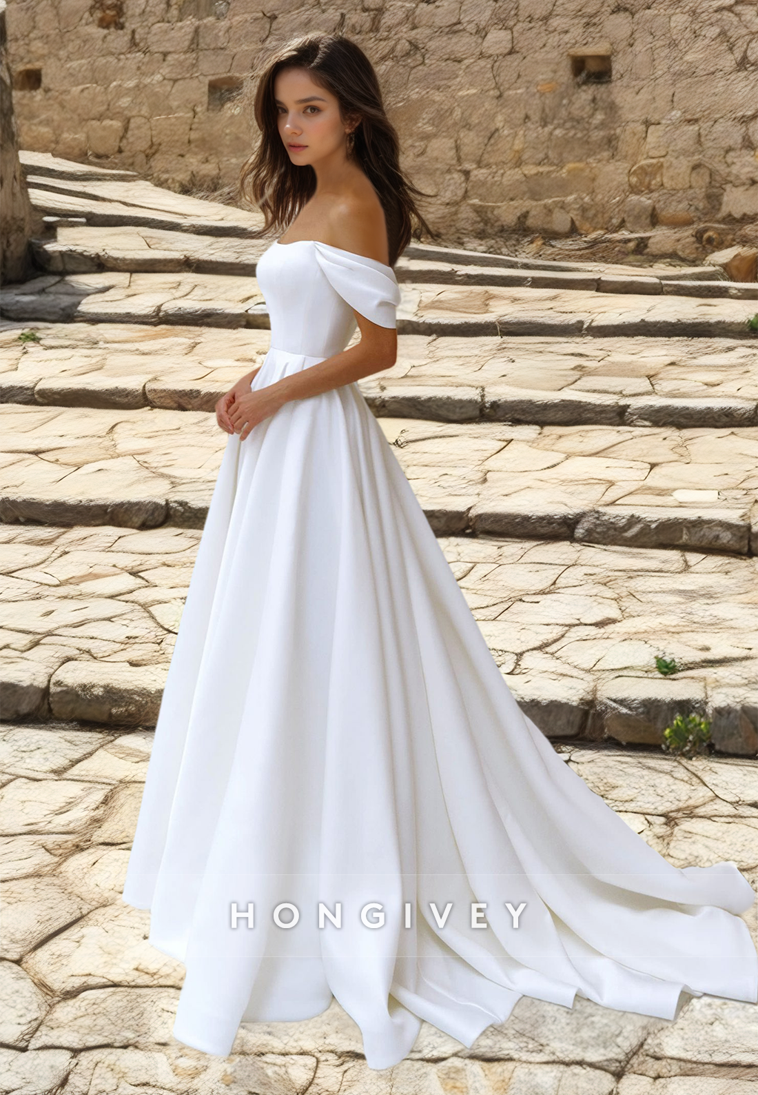 HONGIVEY Off-Shoulder Strapless Sleeveless A-Line Floor-Length Wedding Dress with Train