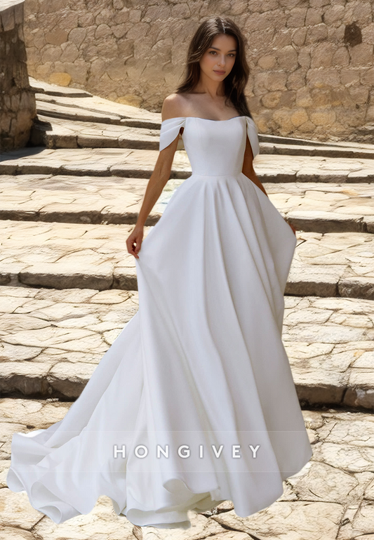 HONGIVEY Off-Shoulder Strapless Sleeveless A-Line Floor-Length Wedding Dress with Train